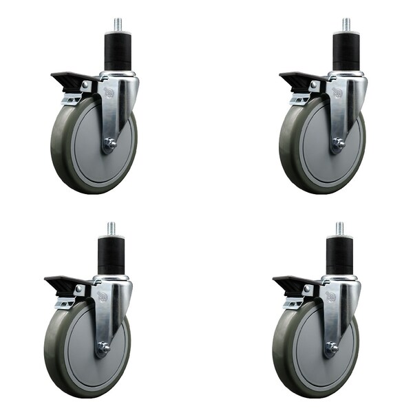 6'' Gray Poly Swivel 1-3/4'' Expanding Stem Caster Set with Brake, 4PK
